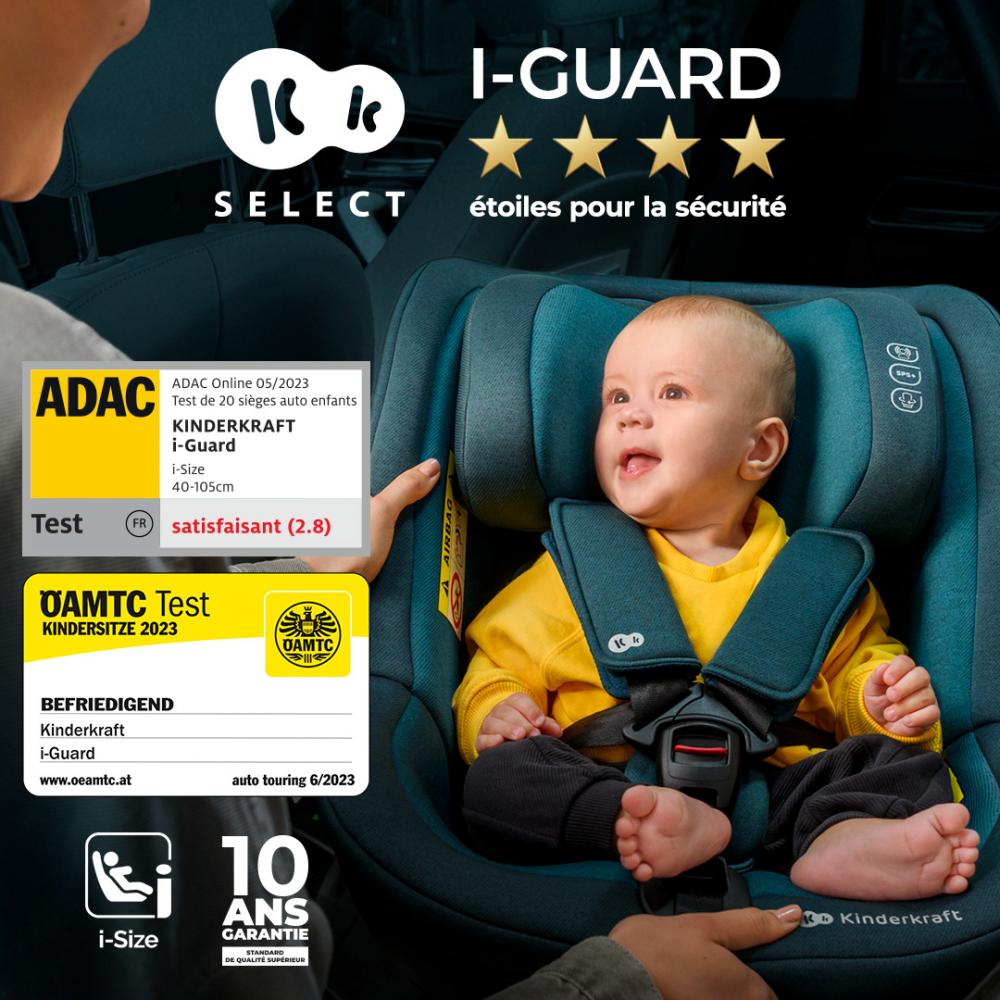 Un bébé assis dans un siège auto I-GUARD avec certificats de sécurité ADAC